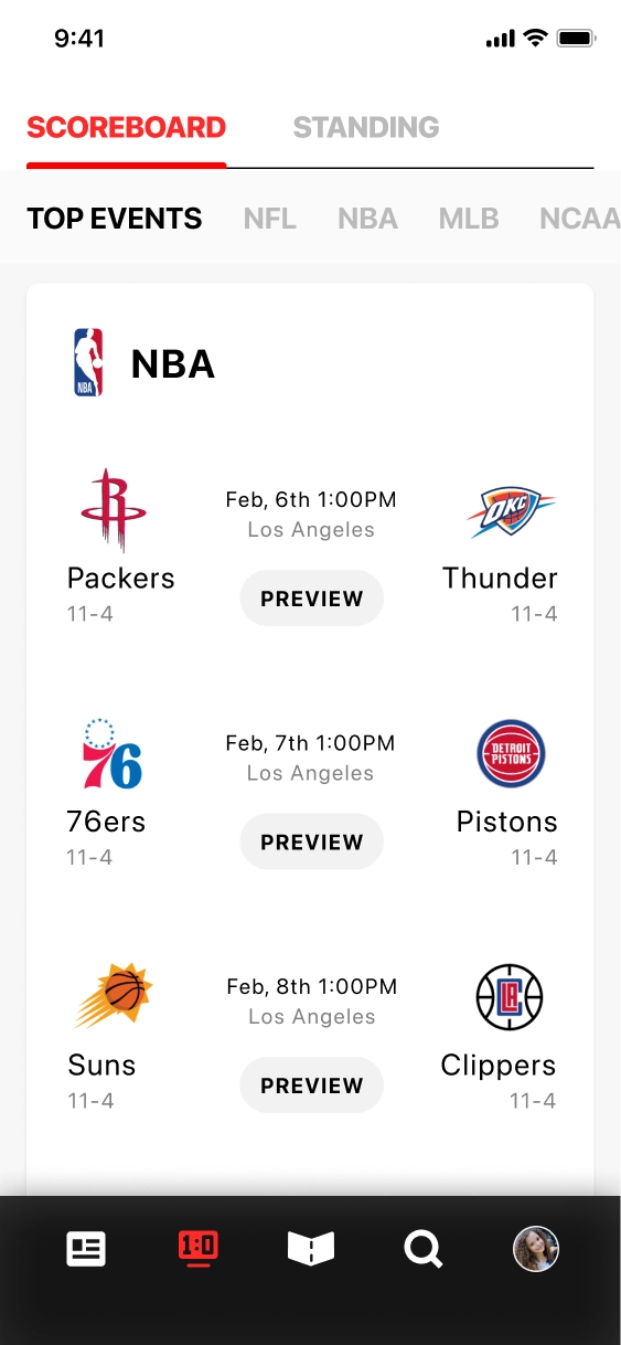 Scoreboard page: Main Pages' Final Design Mockups - showcase image